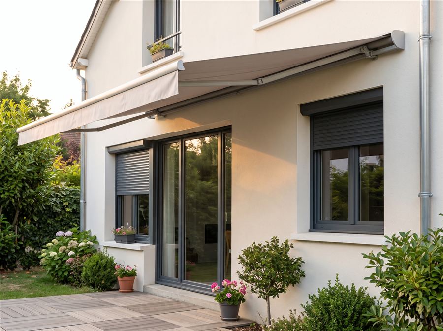 Fenêtres, volet roulant et store banne sur une façade rénovée